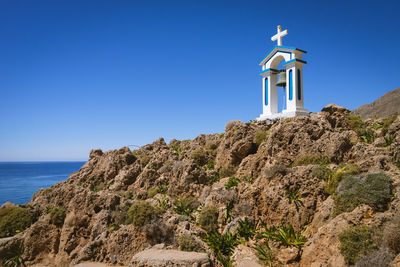 Scenic view of sea against clear blue sky