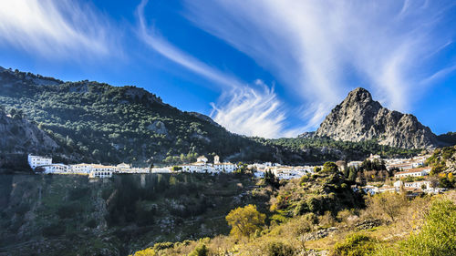 Panoramic shot of building and mountains against sky