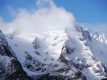 Low angle view of snow capped mountains against sky