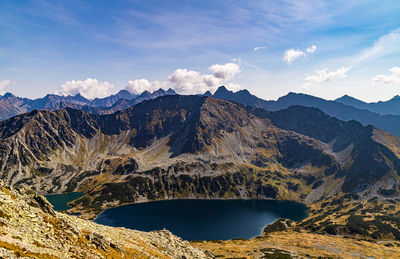 Lake in mountains. five polish ponds, front pond and big pond, high tatras, rysy and gerlach