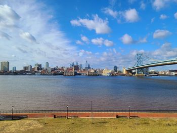 Bridge over river with buildings in background