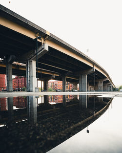 Reflection of building in lake against clear sky