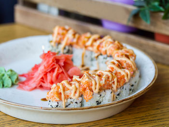 Close-up of food in plate on table