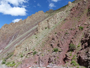 Low angle view of rocky mountain against sky