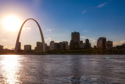 Scenic view of river by buildings against sky during sunset