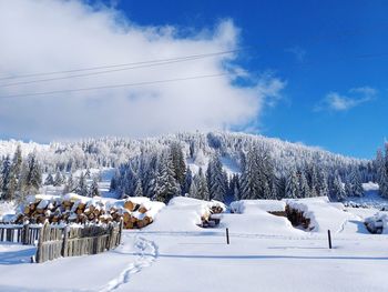 Snow covered land against sky