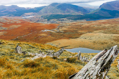 Scenic view of landscape and mountains against sky