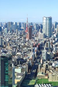 Aerial view of buildings in city against clear sky in tokyo