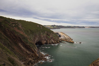 Rock formations in sea against sky