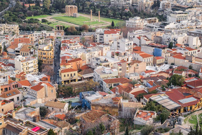 Aerial view of preserved historic buildings in the plaka neighborhood of athens, greece