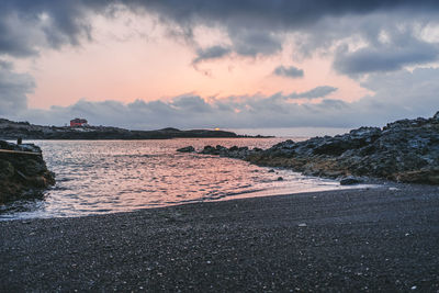 Scenic view of beach against sky during sunset