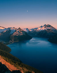 Scenic view of snowcapped mountains against sky during sunset