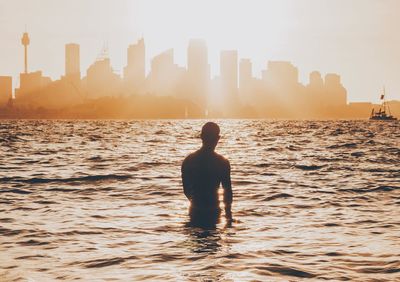 City skyline at sunset