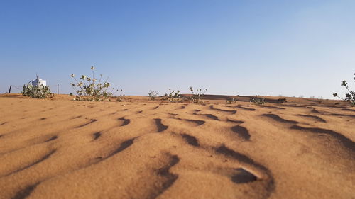 Scenic view of sand dune against clear sky