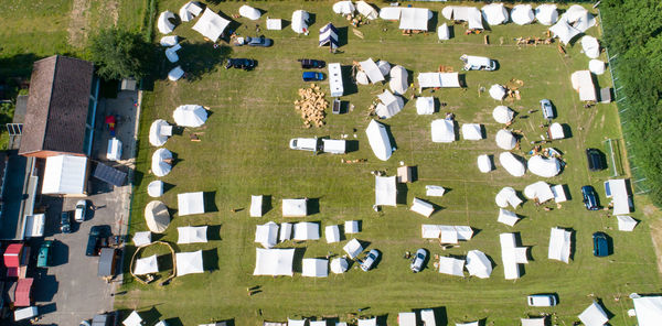 High angle view of cemetery by building