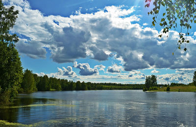 Scenic view of calm lake against cloudy sky