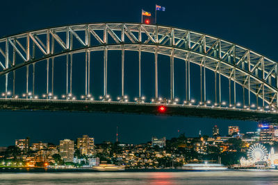 Illuminated bridge over river at night