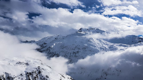 Scenic view of snow covered mountains against sky