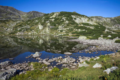 Scenic view of lake and mountains against clear sky