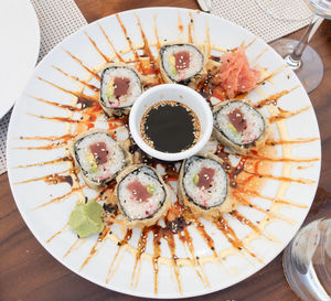 High angle view of meal served on table