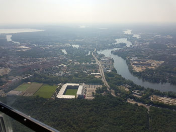 High angle view of buildings against sky