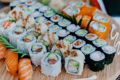 Close-up of sushi served on plate