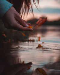 Person holding ice cream in lake during sunset