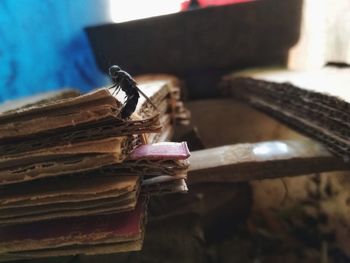 Close-up of old books on table