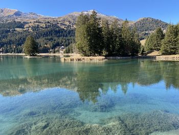 Scenic view of lake and mountains against clear sky