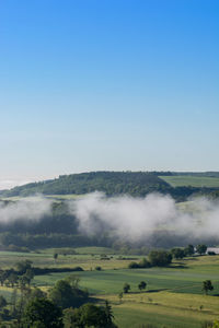 Scenic view of field against clear sky