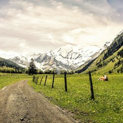 Dirt road on grassy field by snow covered mountains against sky