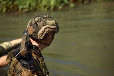 Rear view of man wearing hat