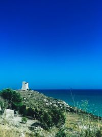 Scenic view of sea against clear blue sky