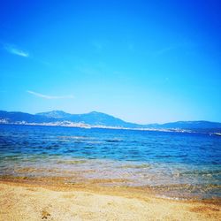 Scenic view of sea against clear blue sky