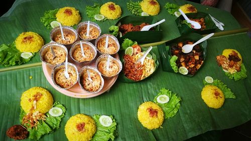 High angle view of various fruits on table