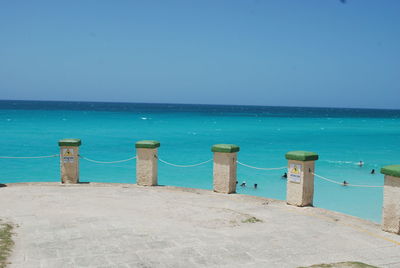 Scenic view of sea against clear blue sky