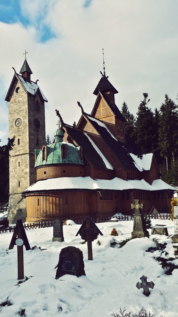 building exterior, architecture, built structure, snow, winter, cold temperature, place of worship, religion, spirituality, sky, season, church, weather, cloud - sky, outdoors, covering, day, cloud