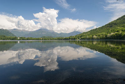 Scenic view of lake and mountains against sky