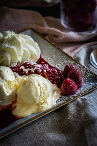 Close-up of dessert in plate on table