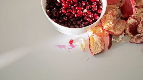 High angle view of fruits in bowl on table