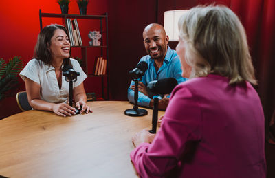 High angle view of mother and daughter at home