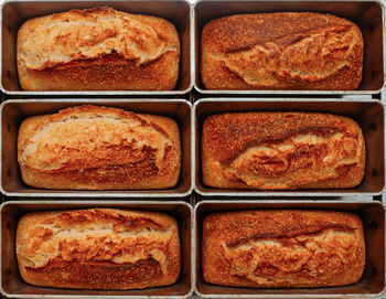 Freshly baked bread in molds on the table in bakery