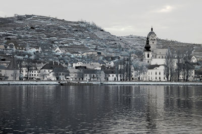 View of lake and buildings against sky