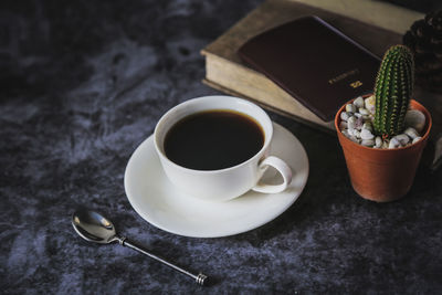 High angle view of coffee on table