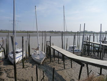 Sailboats moored on beach against sky