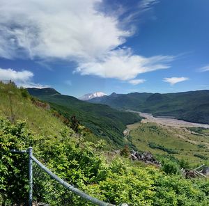 Scenic view of mountains against cloudy sky