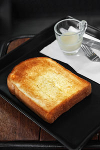 High angle view of breakfast served on table