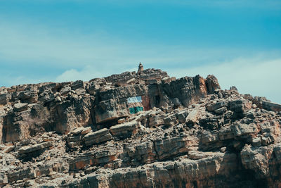 Low angle view of rock formations against sky