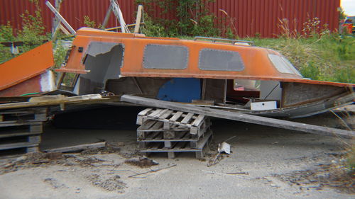 High angle view of abandoned truck against plants