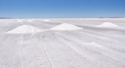 Scenic view of snowcapped landscape against clear sky